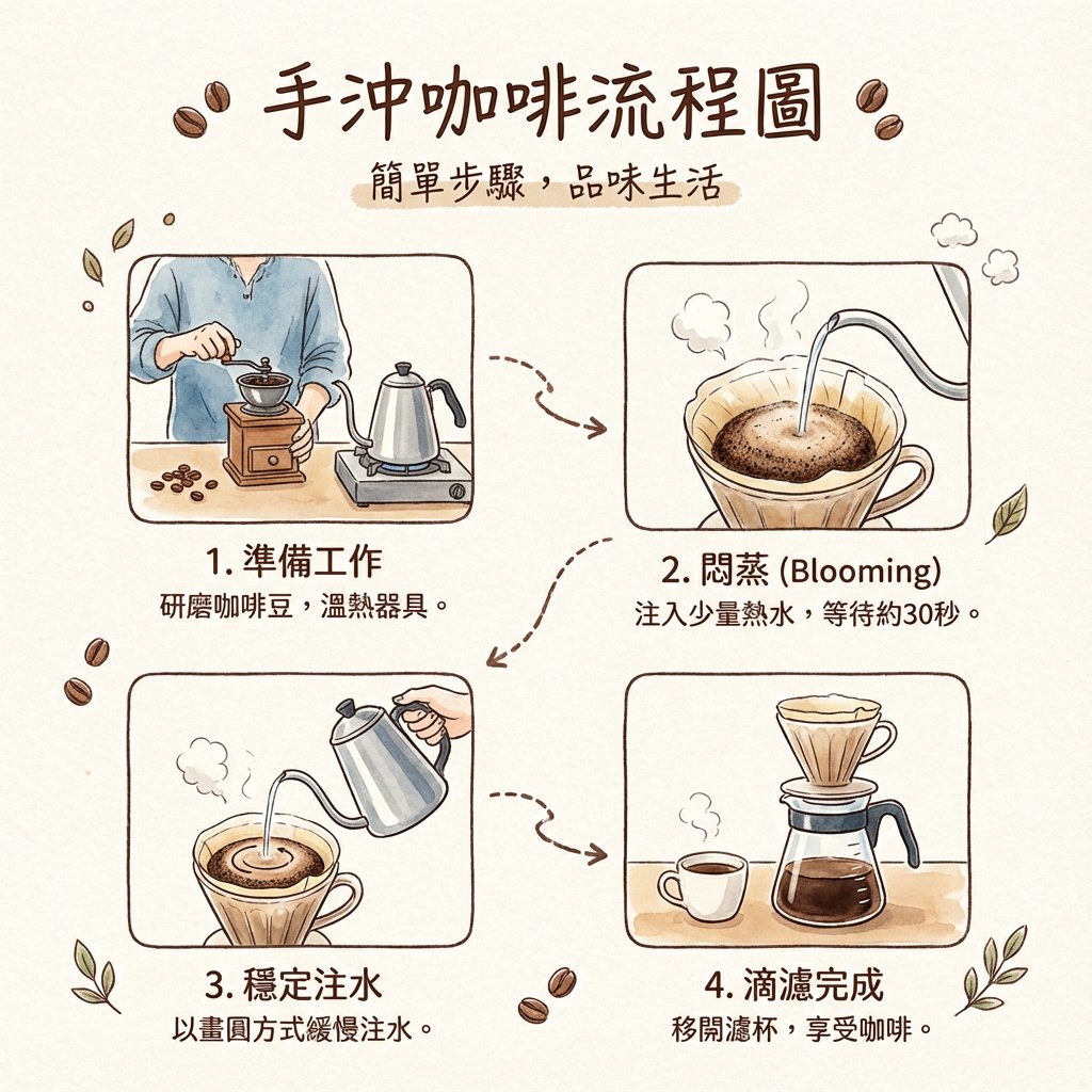 日式杂志风格的手冲咖啡流程图