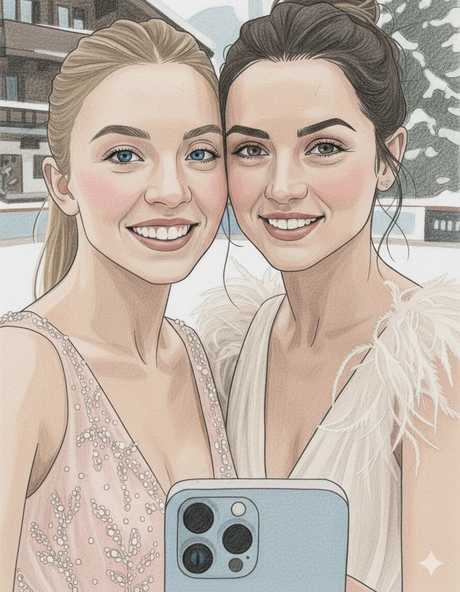西德尼·斯威尼 (Sydney Sweeney) 和 安娜·德·阿玛斯 (Ana de Armas) 自拍的铅笔素描