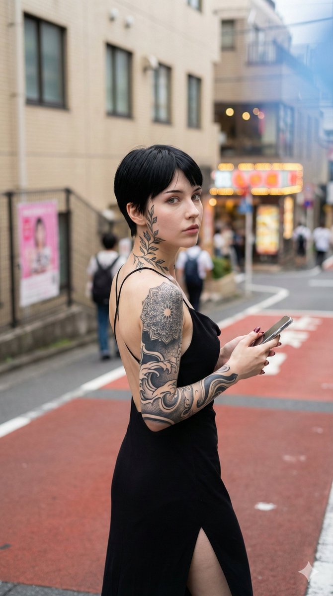 日本都市背景下纹身女性的超写实快照