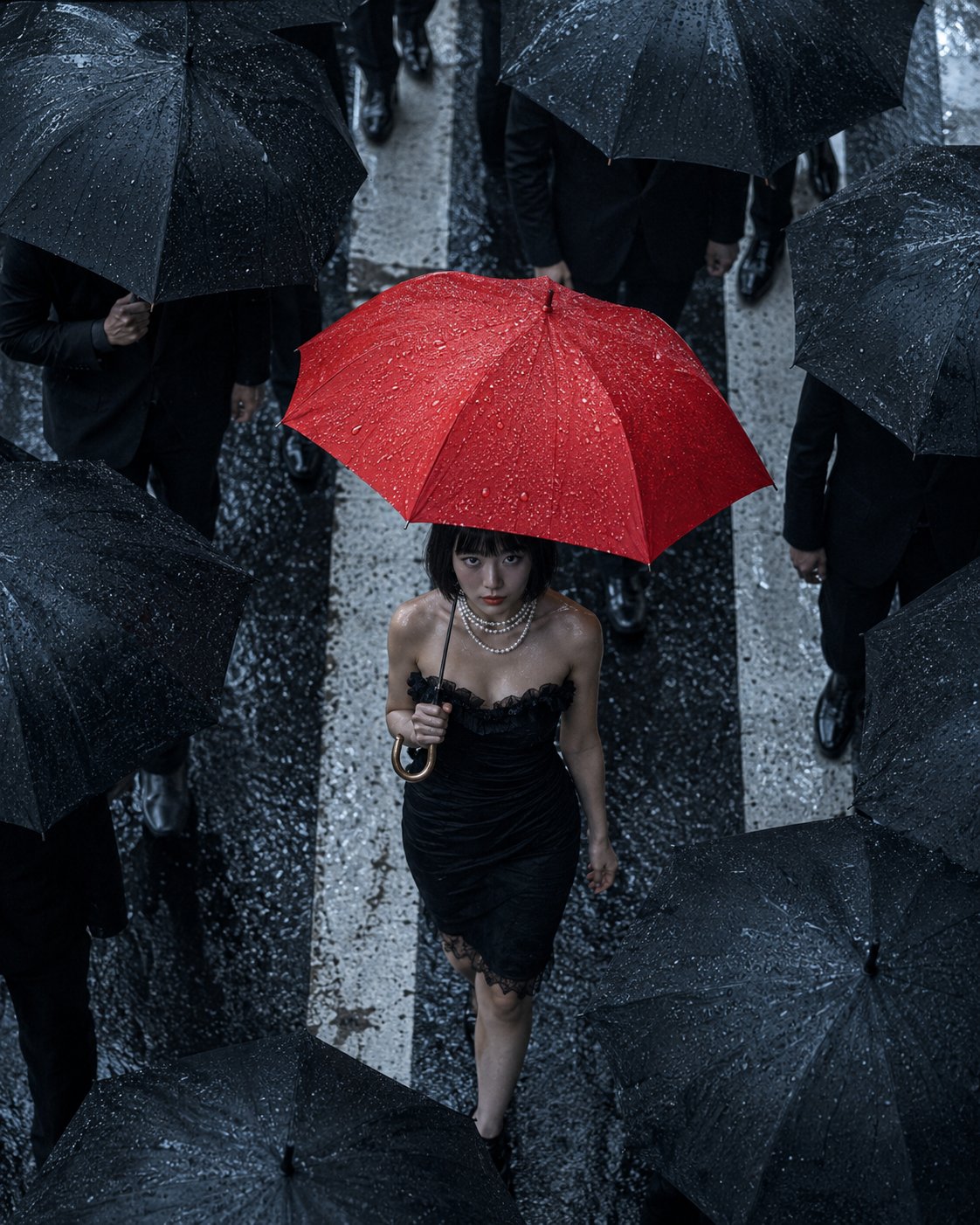 电影感雨中红伞东亚女性肖像 2