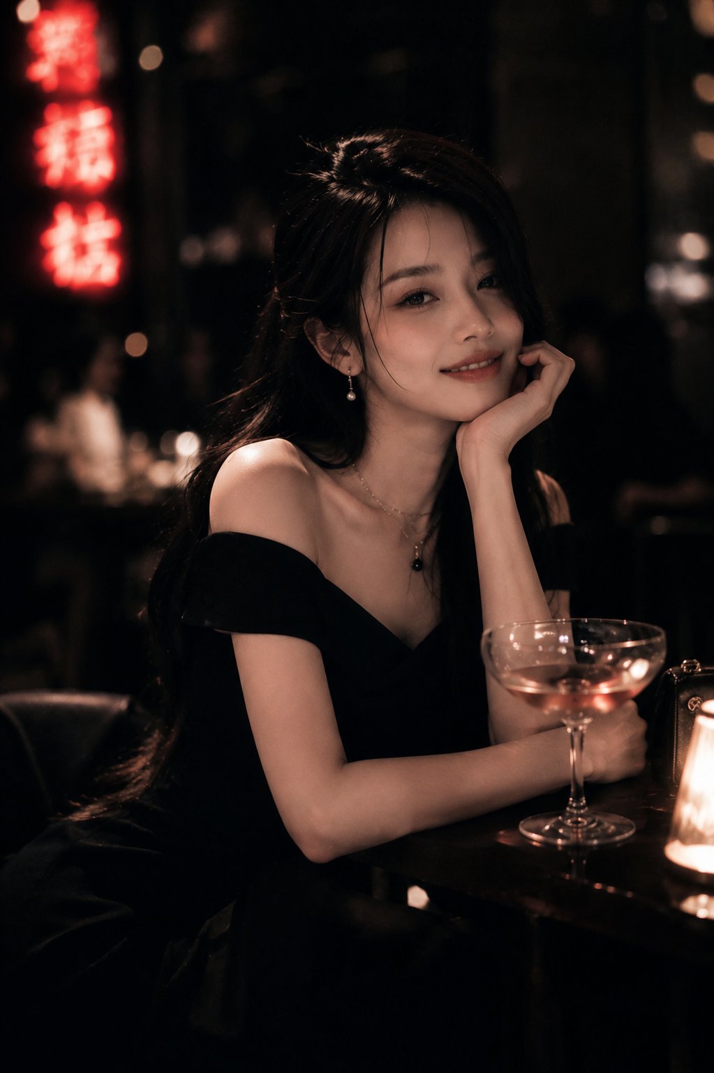 酒吧独坐的黑发露肩礼服美女电影感人像 2