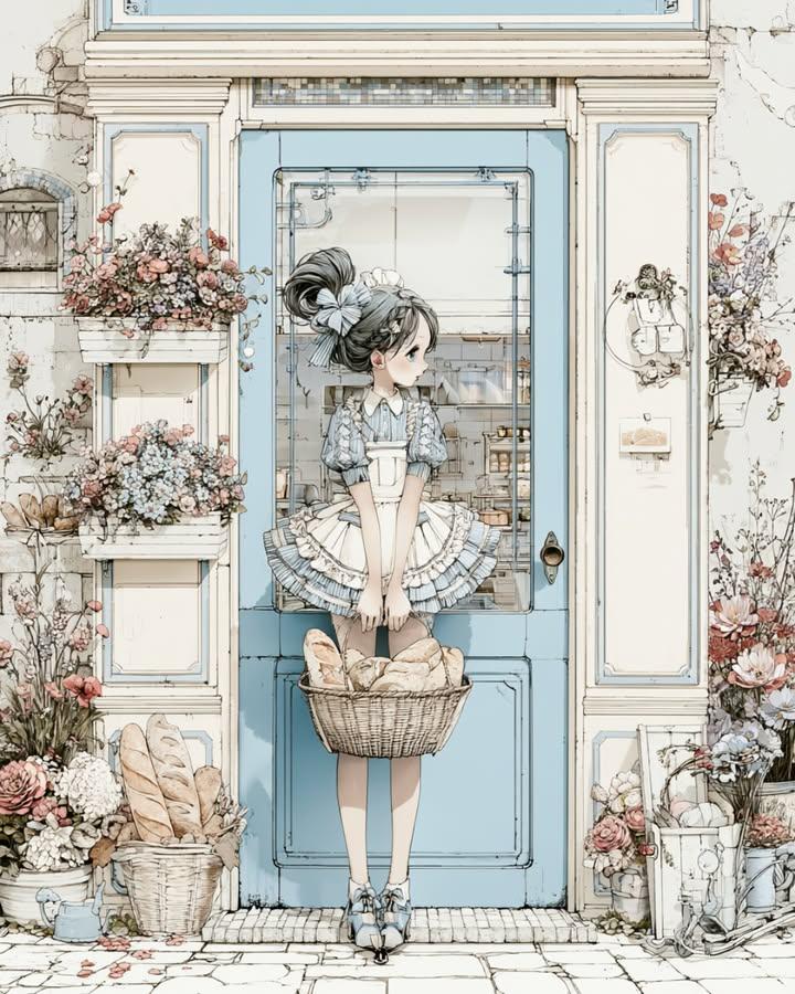 舒适复古面包店外观动漫少女插画