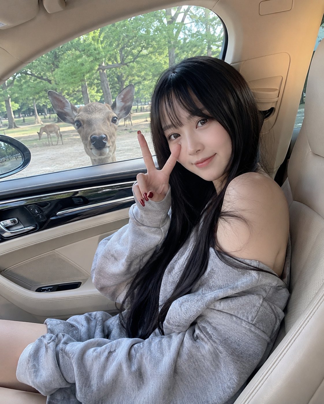 豪车副驾少女与窗外好奇小鹿