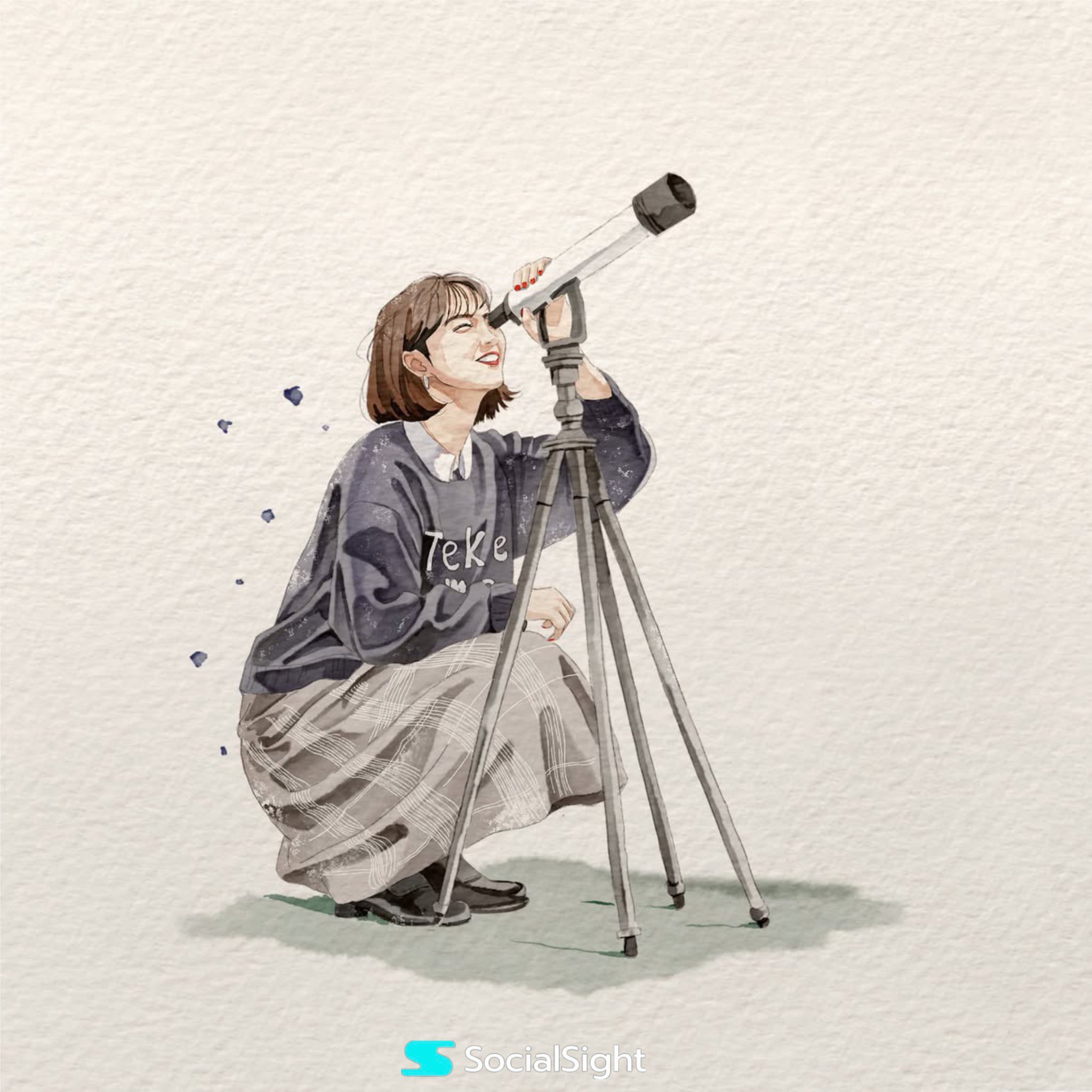 望远镜女孩手绘水彩插画
