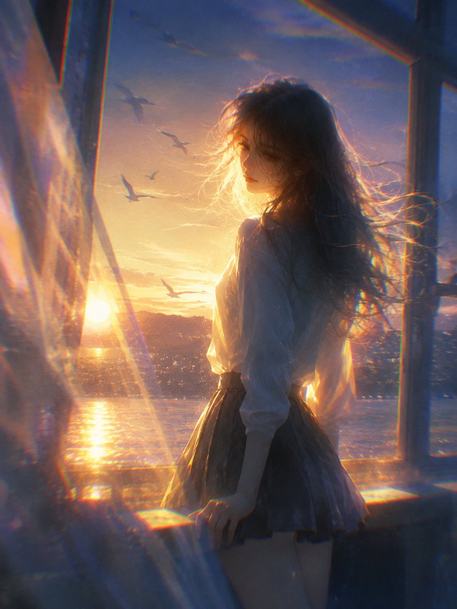 日系梦幻诗意半写实夕阳逆光插画 2