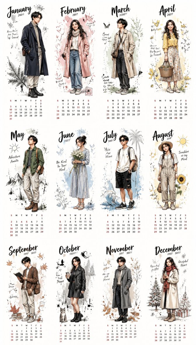 2027年韩系手绘插画风格桌面台历