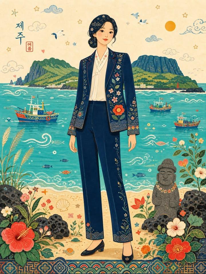 韩国稚拙派民俗画风海边女性插画 2