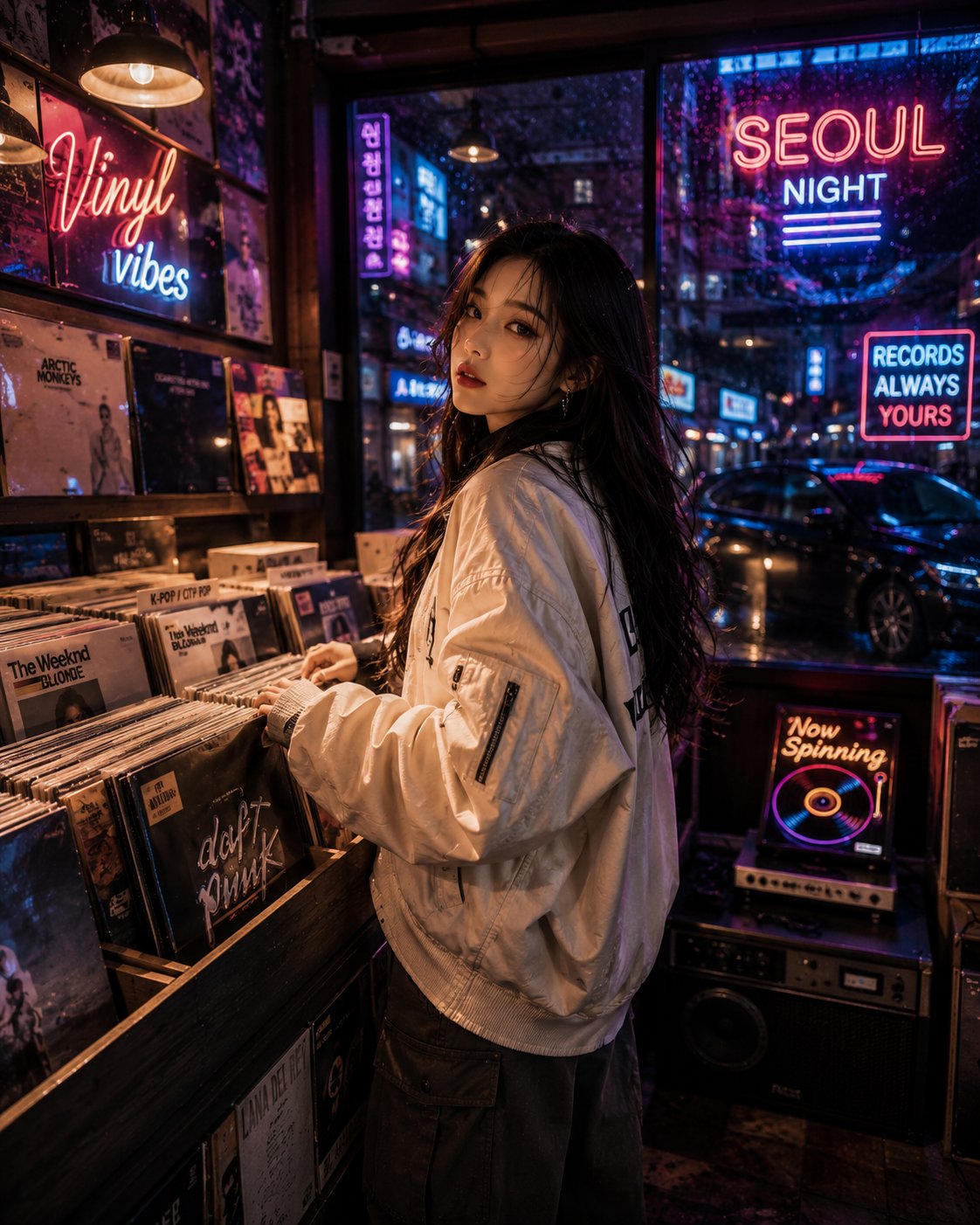 韩国美女深夜复古黑胶唱片店时尚人像