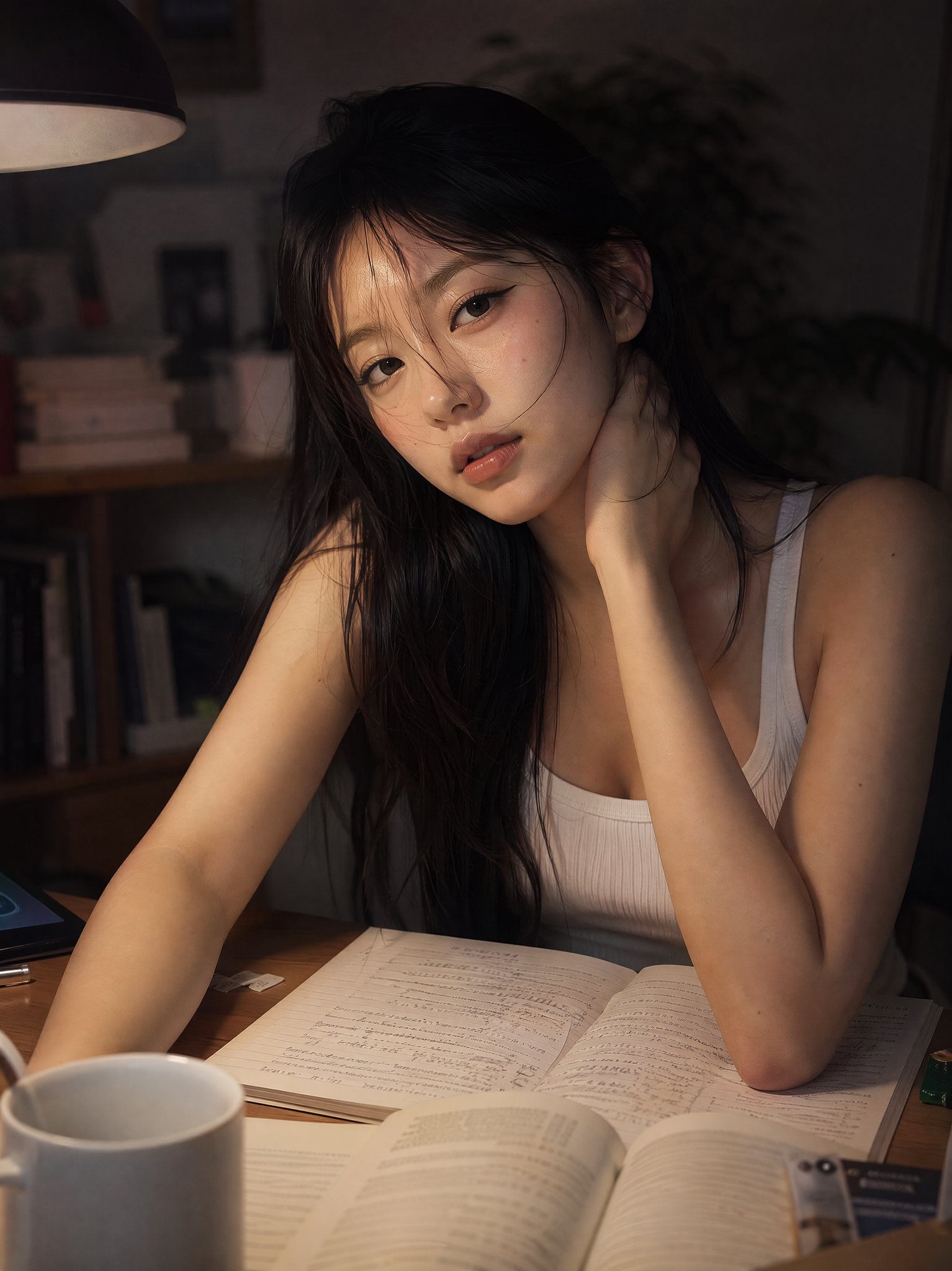 深夜书房木质书桌旁的清纯少女