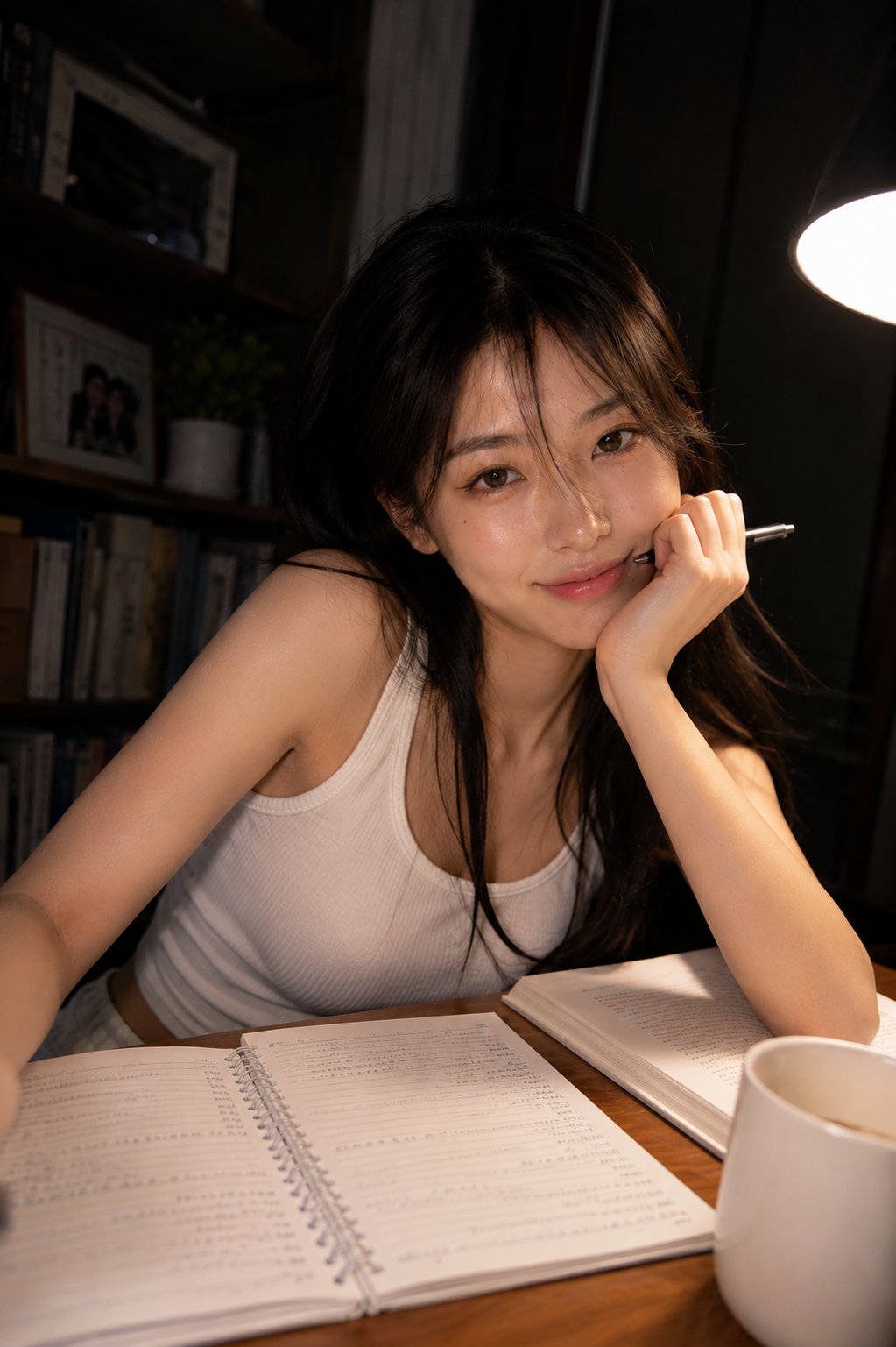 深夜书房木桌前的年轻女性抓拍肖像 2