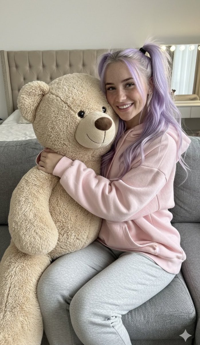 慵懒卧室里抱大熊微笑的白金发雀斑少女