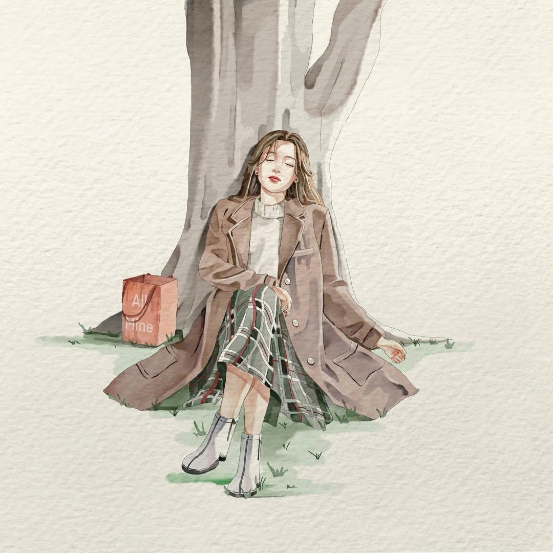 极简水彩少女手绘日系插画