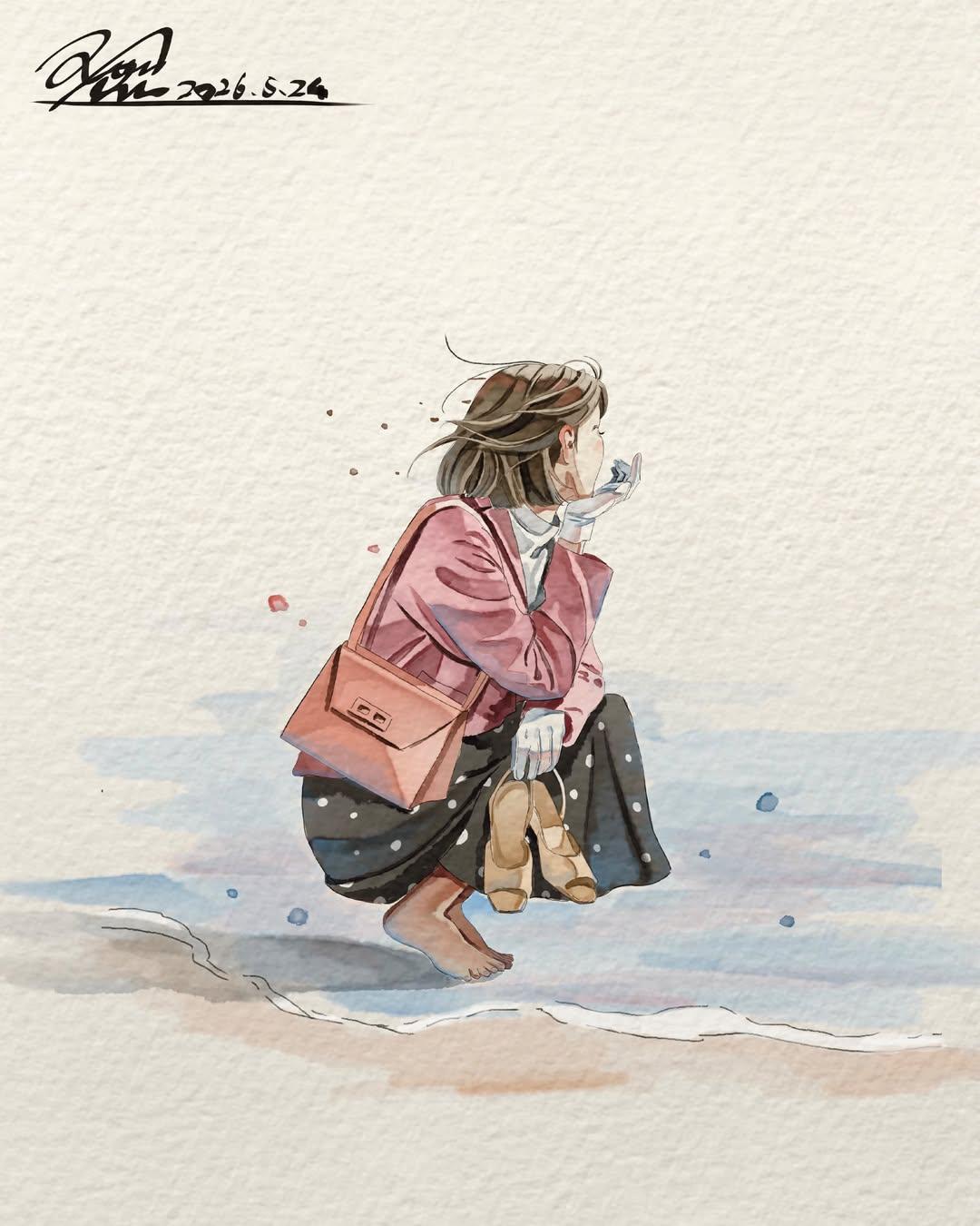 极简水彩少女手绘日系插画 2