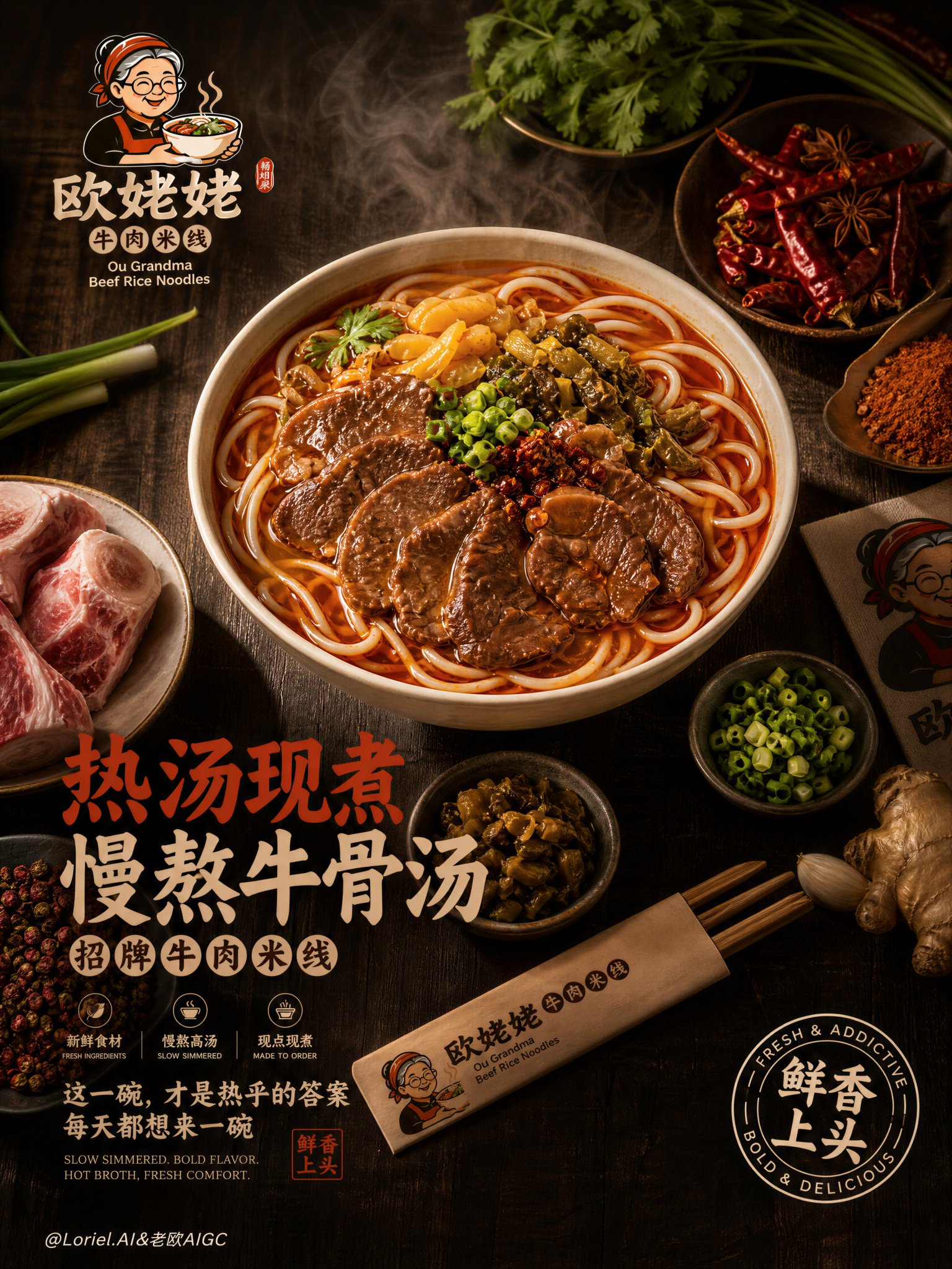 欧姥姥牛肉米线品牌核心主视觉海报