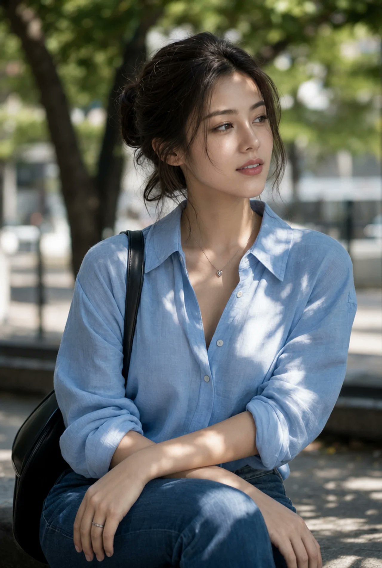 户外阳光下亚裔年轻女性公园人像