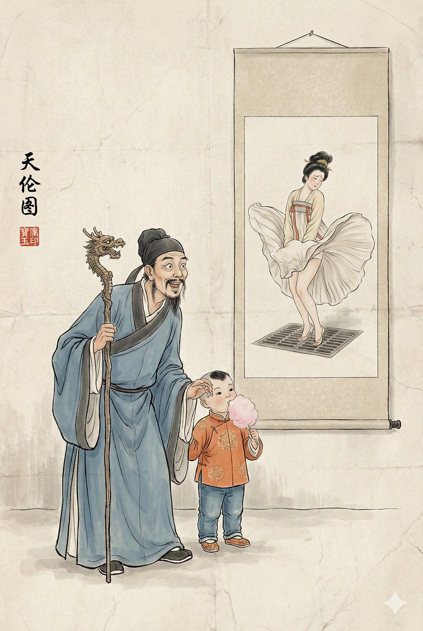 天伦图趣味水墨画