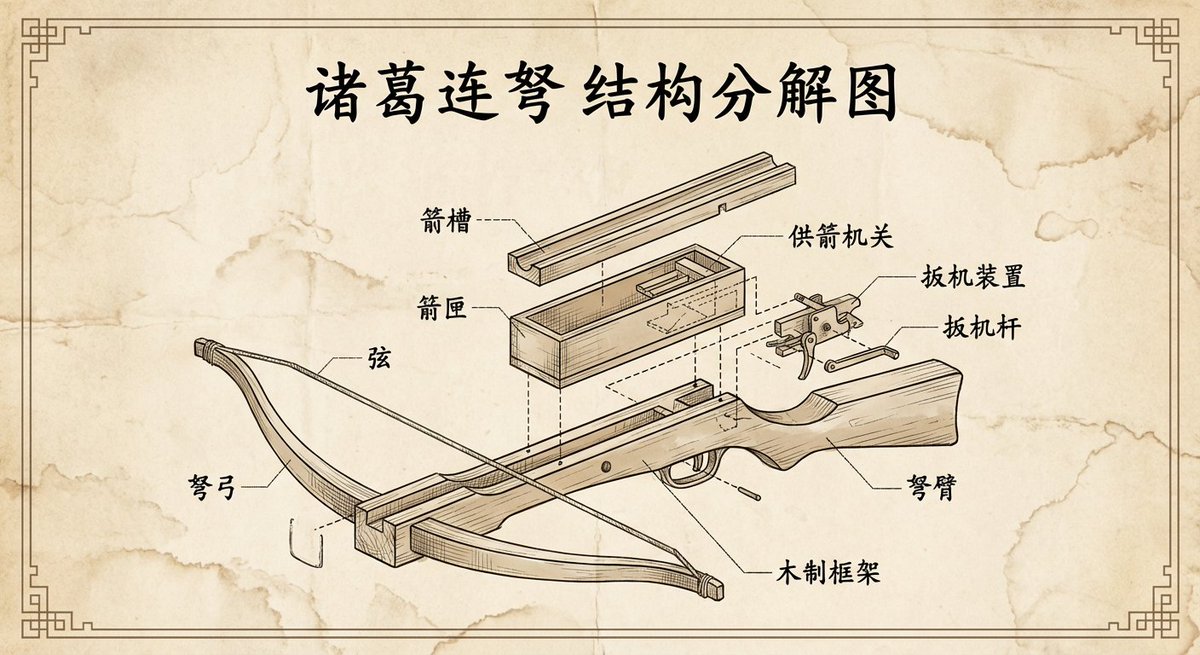诸葛连弩的复古风格工程爆炸图