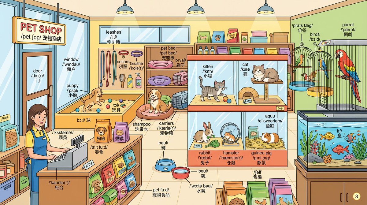 绘制一个详细的宠物商店场景