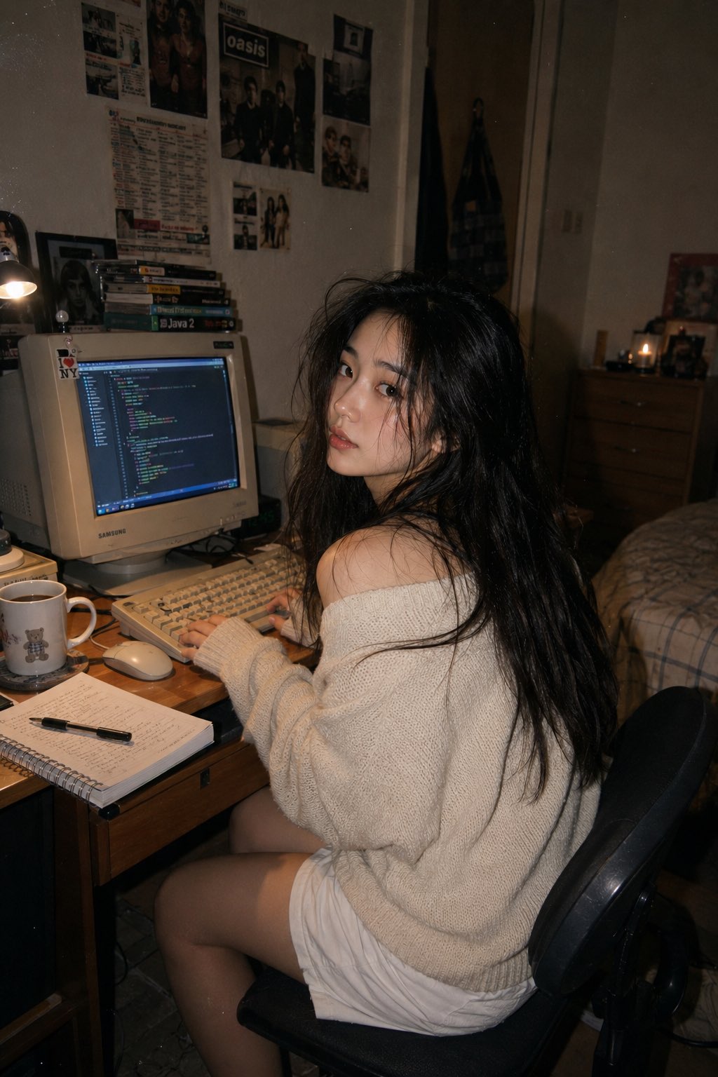 复古电脑室内的亚裔女性肖像 2