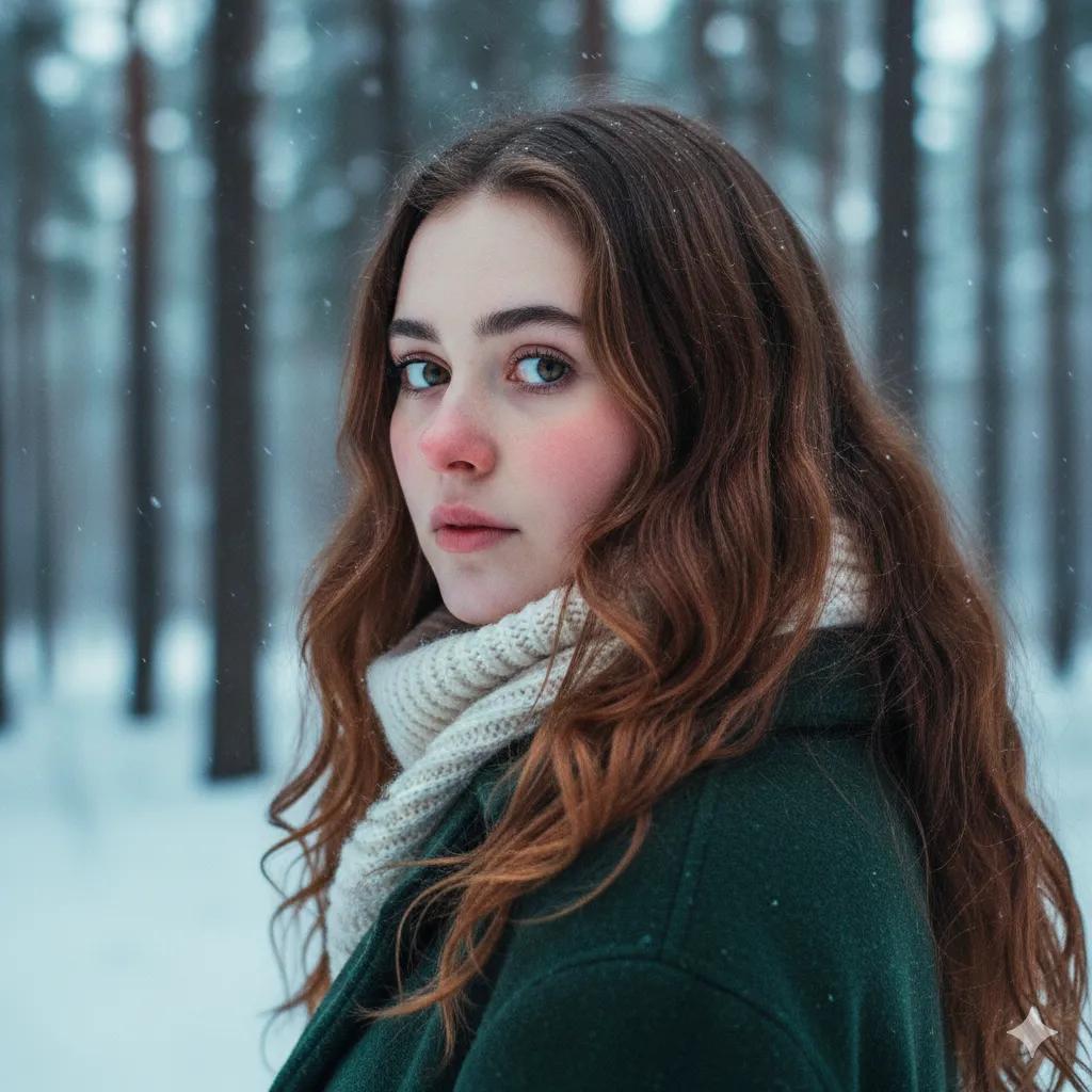 纷飞雪花中凝视的静谧冬日少女