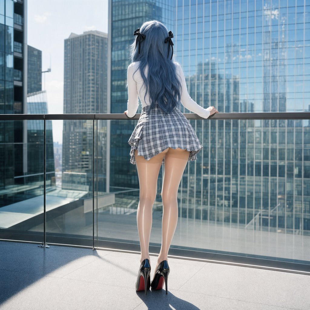 都市露台浅蓝长发女性全身背影写真 2