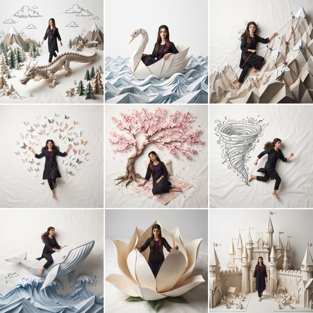 绝美女性与折纸魔法世界拼接画