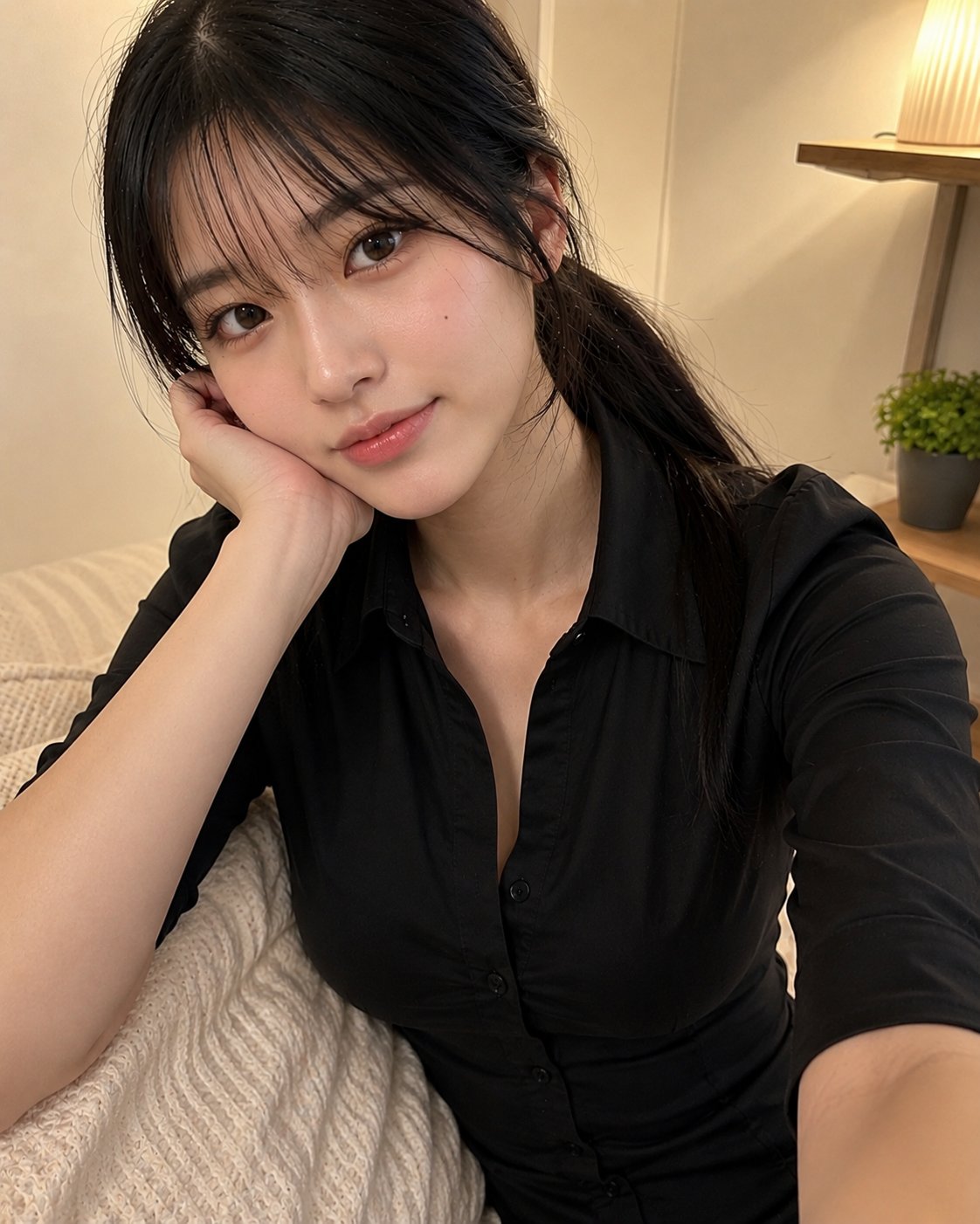 日系少女校服低马尾居家手机自拍