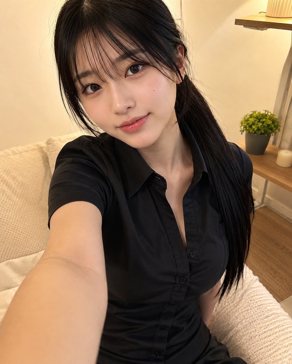 日系少女校服低马尾居家手机自拍 2