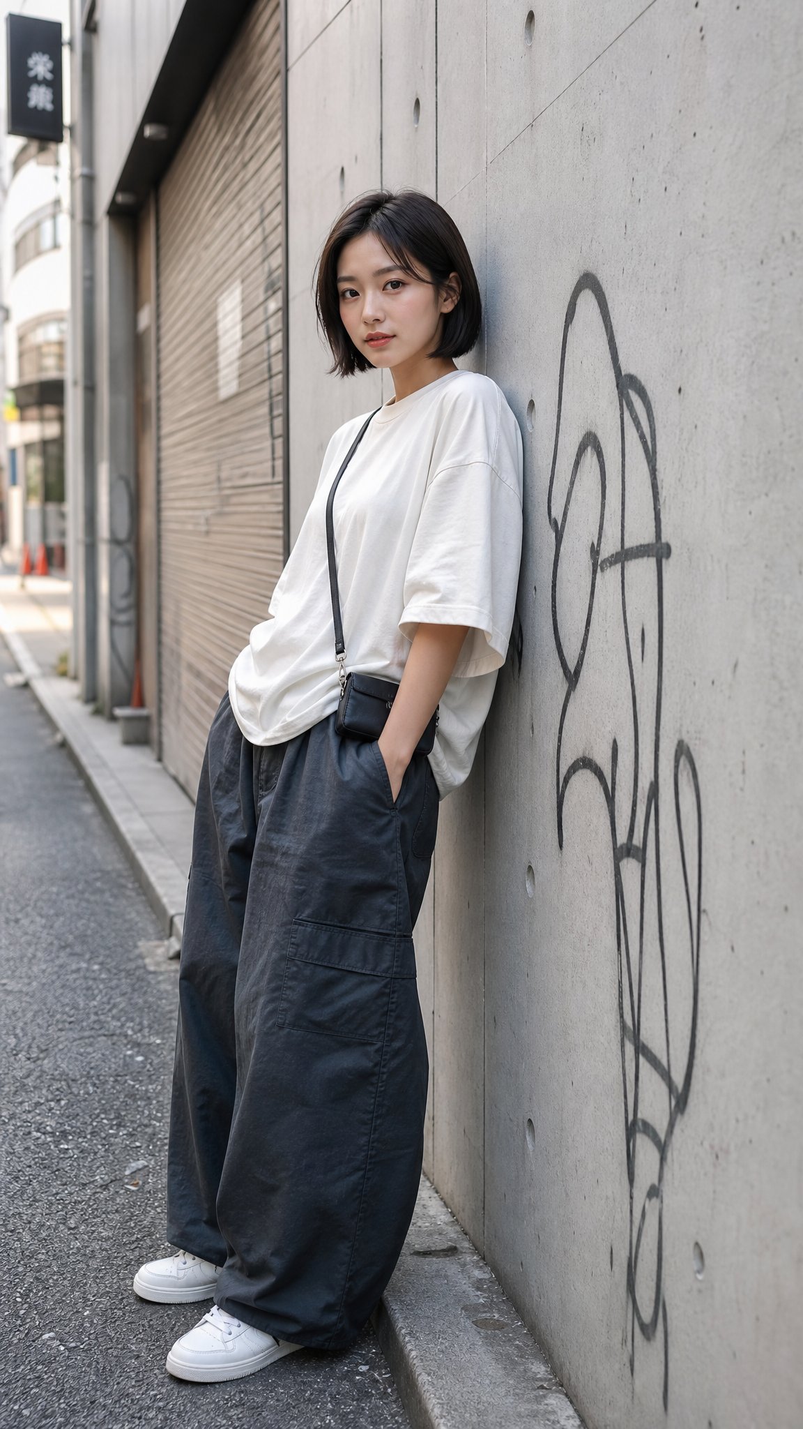 靠墙而立的短发日本女性写实人像