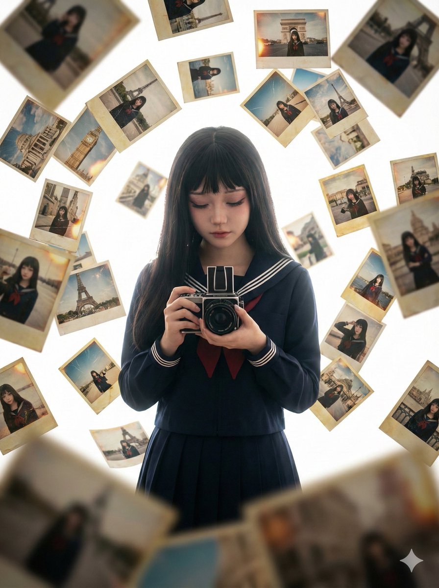 零重力下的自拍梦境:被漂浮照片包围的胶片少女