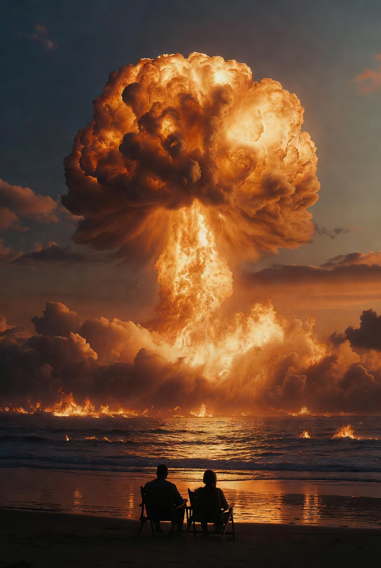 A colossal nuclear explosion rising over the ocean horizon, towering mushroom cl