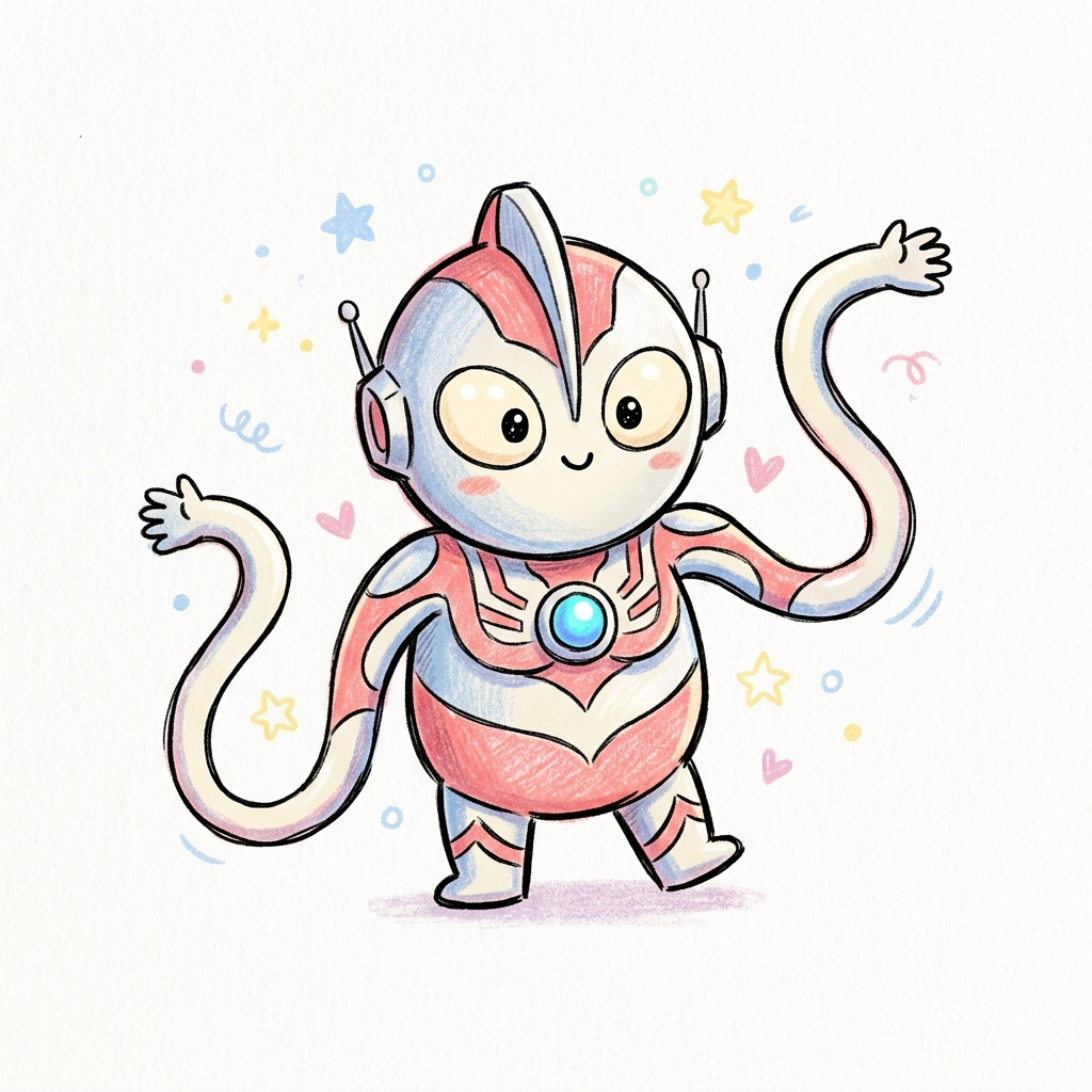 [Ultraman], doodle style cartoon, dotted eyes, long arms, kawaii aesthetics, sem