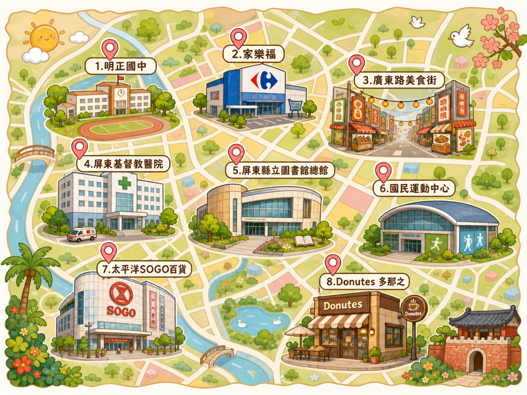 生成圖片: 請查詢台灣-屏東市的地圖 幫我製作出精美Q版的旅遊地圖， 地圖地標只需要用出我指定的文字內容就好，其餘文字都不用。 不要有google地圖感 地標: