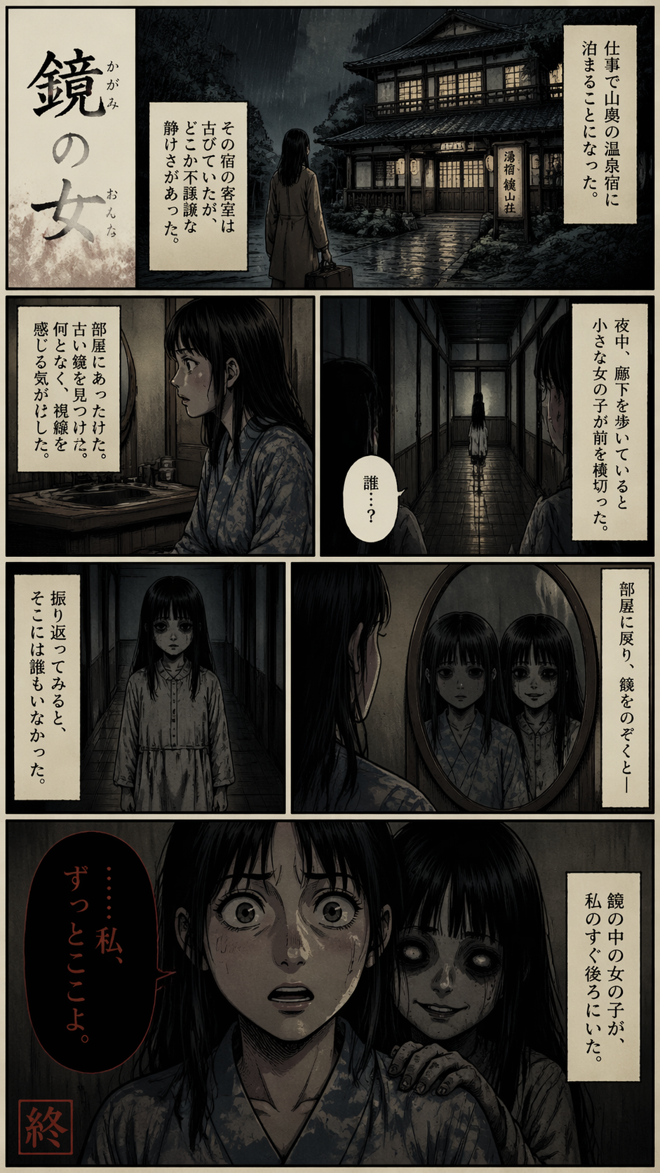 A single page of comics presents a Japanese-style horror story