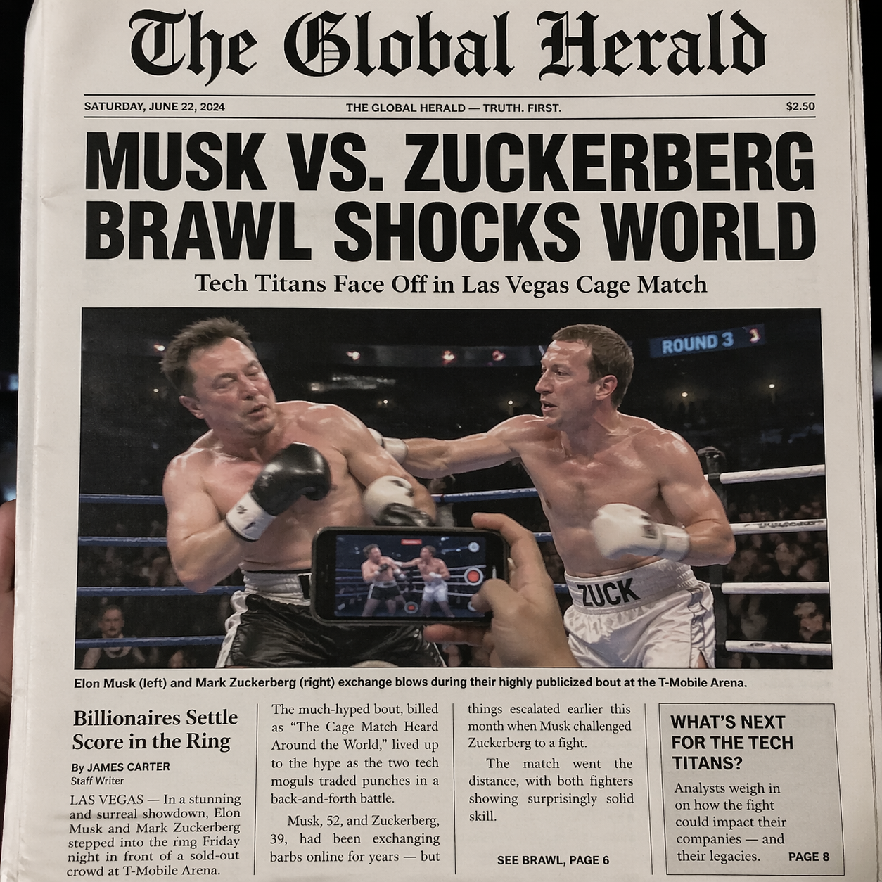 Create a front-page newspaper featuring Musk and Zuckerberg fighting in a boxing