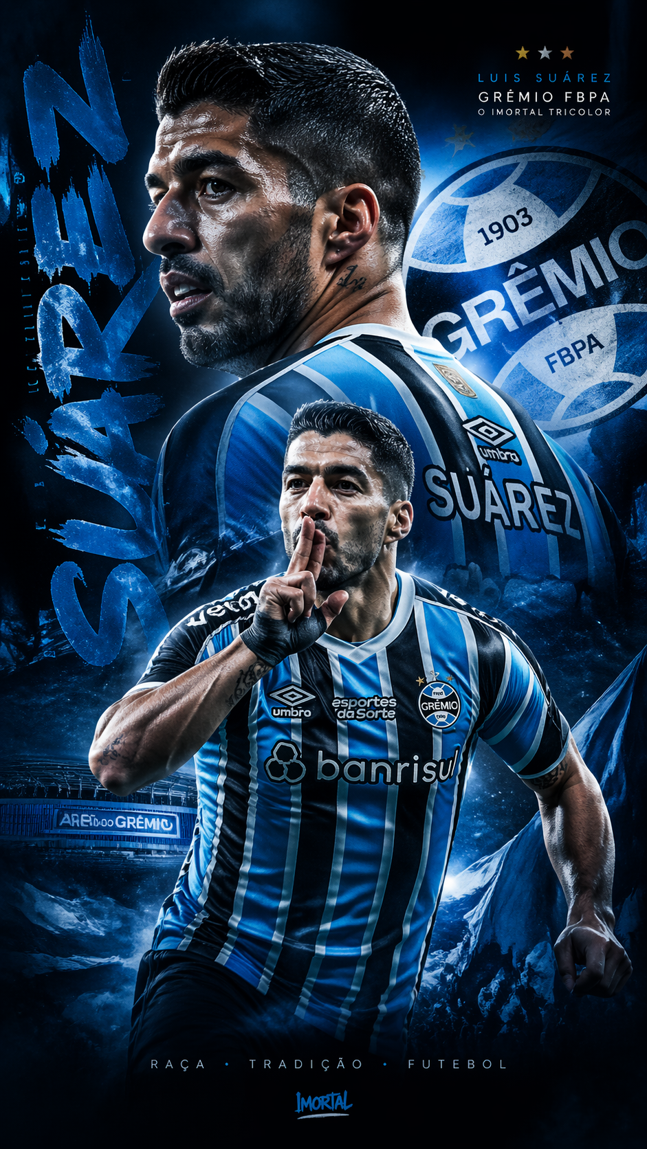 Create an artwork, a design of Suarez at Grêmio FBPA, advanced design level, 9:1
