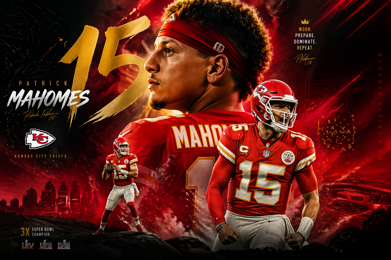Create an artwork, a design of Patrick Mahomes, advanced design level, 3:2, Mac