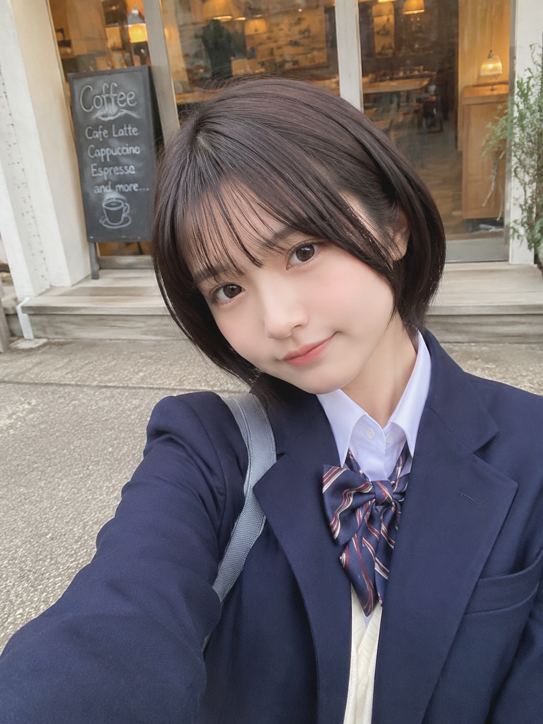 日本の若い高校生がカフェの前でiPhoneで自撮りした写真。ショートボブ、少し下げてカメラを見ている。