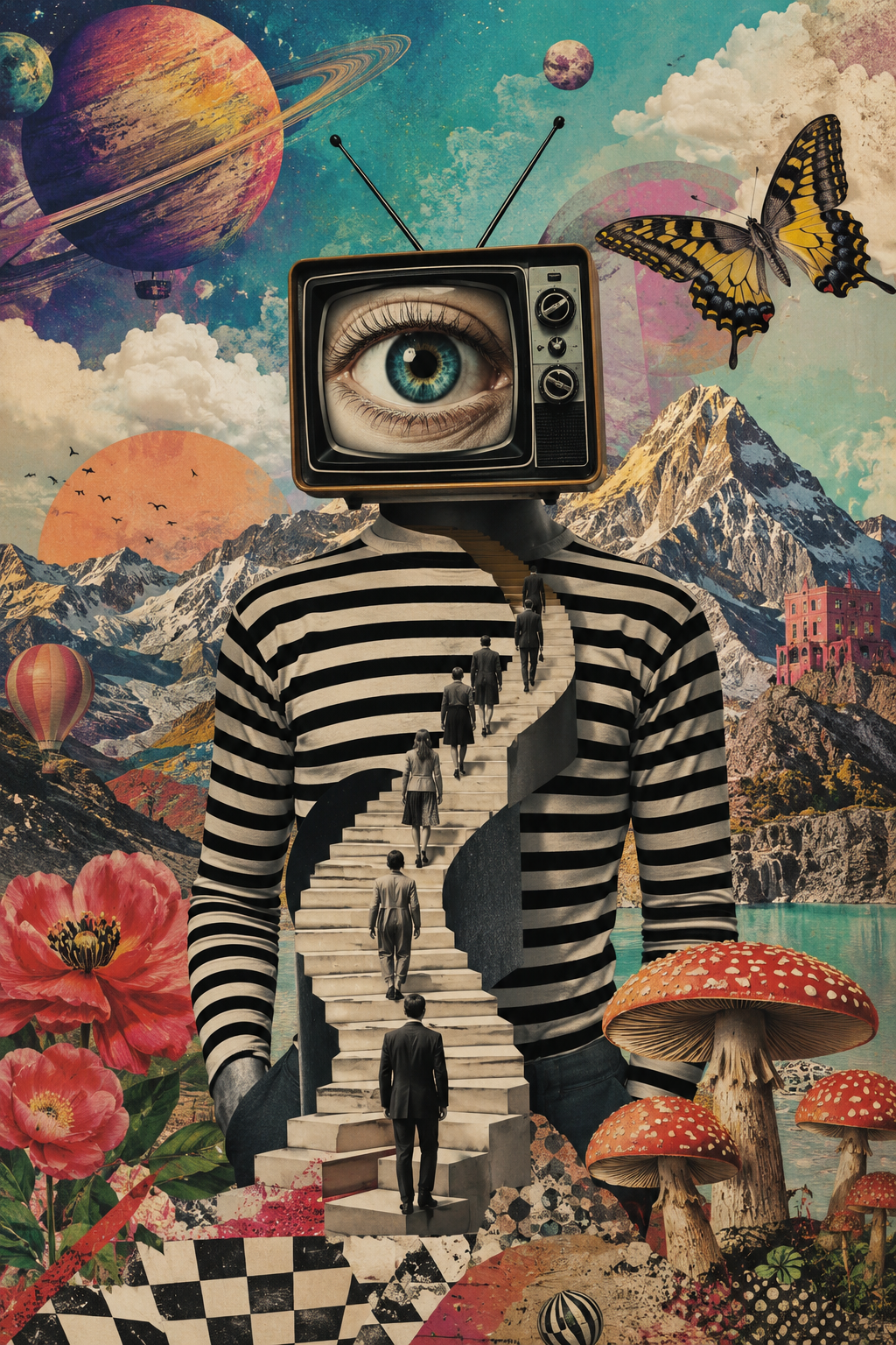 A surreal mixed-media collage dreamscape, a striped-shirt figure with a vintage 
