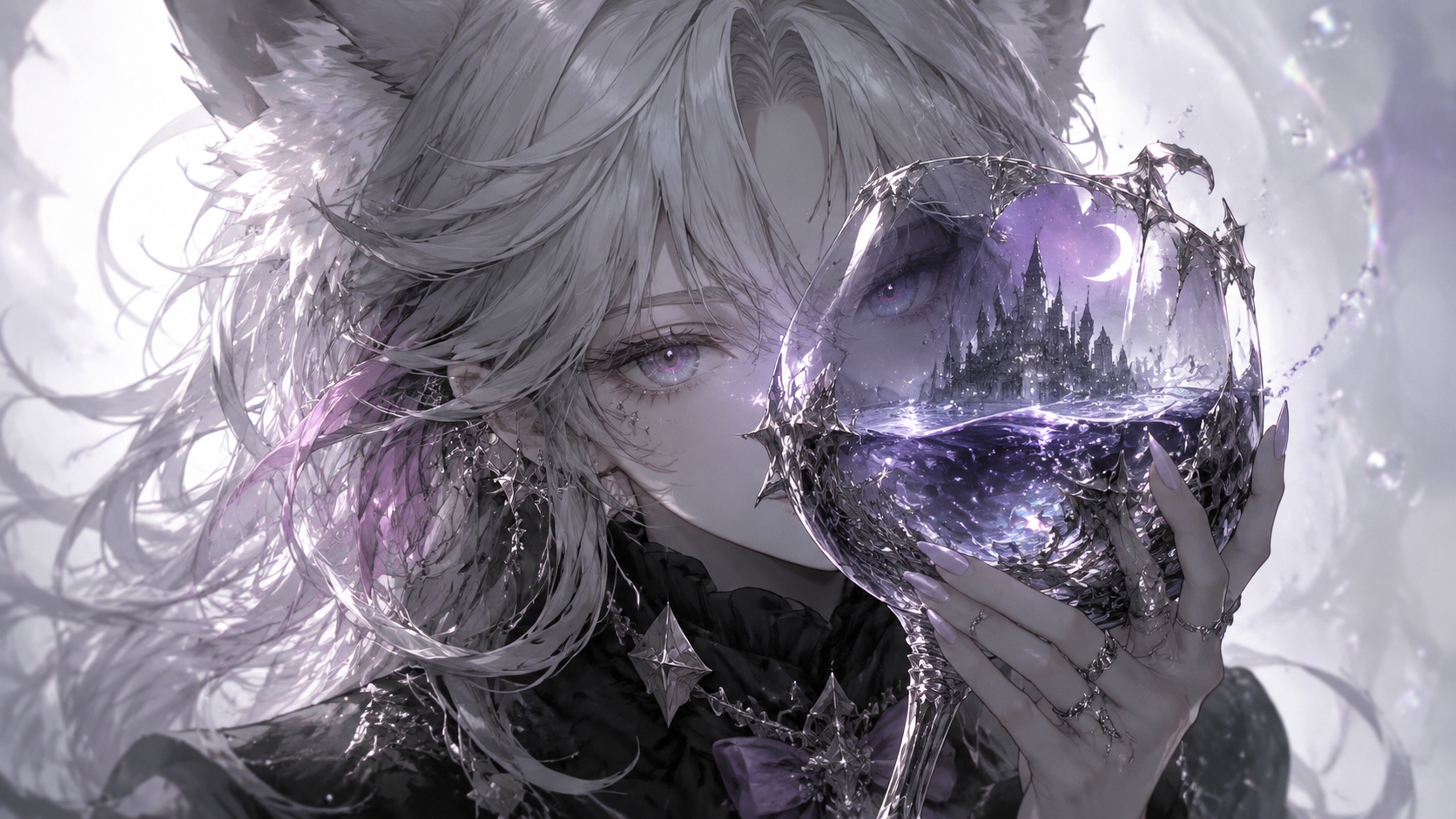 作为 @Image1=萨勒芬妮 绝对的主要参考资料。制作一幅 16:9 水平宽屏风格化插画,展示一张新的最终图像,基于 @Image1 背景简洁但带有梦幻效果,
