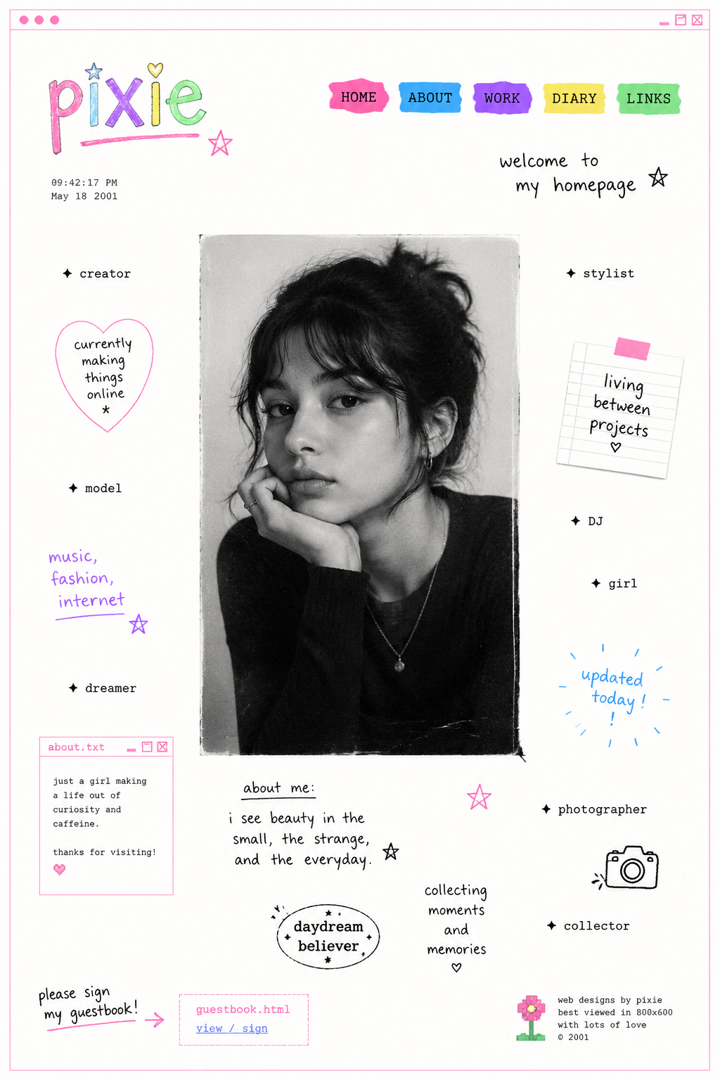 Design a minimal early-internet personal profile webpage / digital portfolio lan