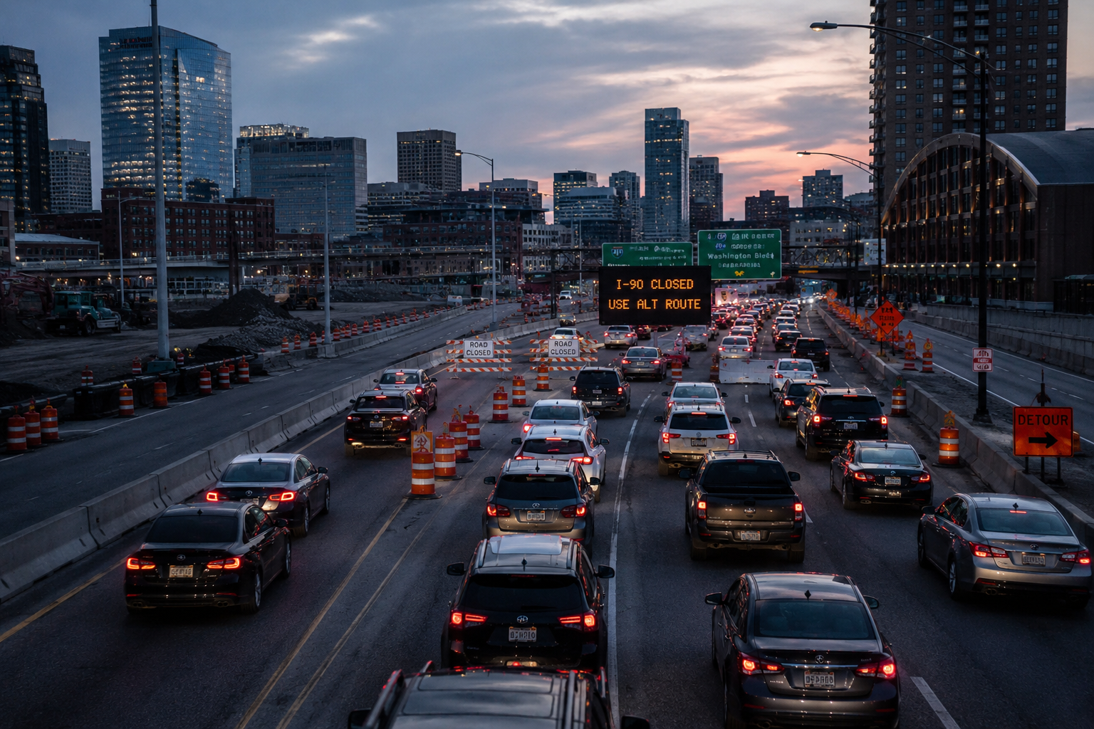 Large realistic highway closure in a modern city while navigation systems and tr