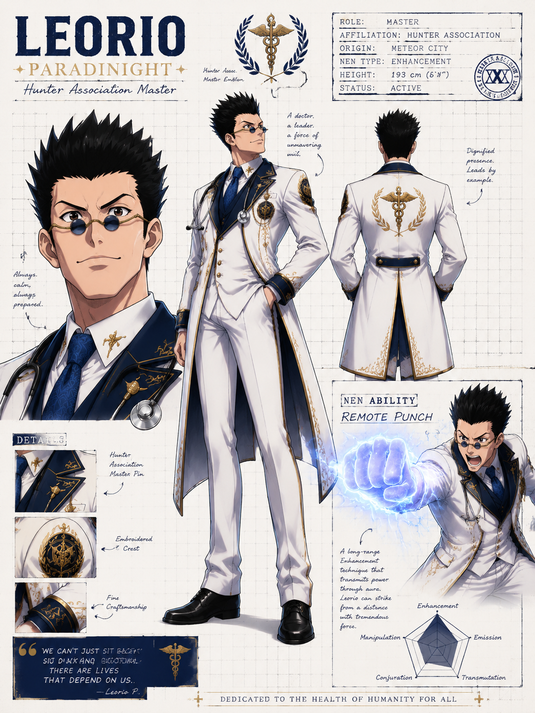 Create a wide, horizontal character reference sheet featuring Leorio as a new ma