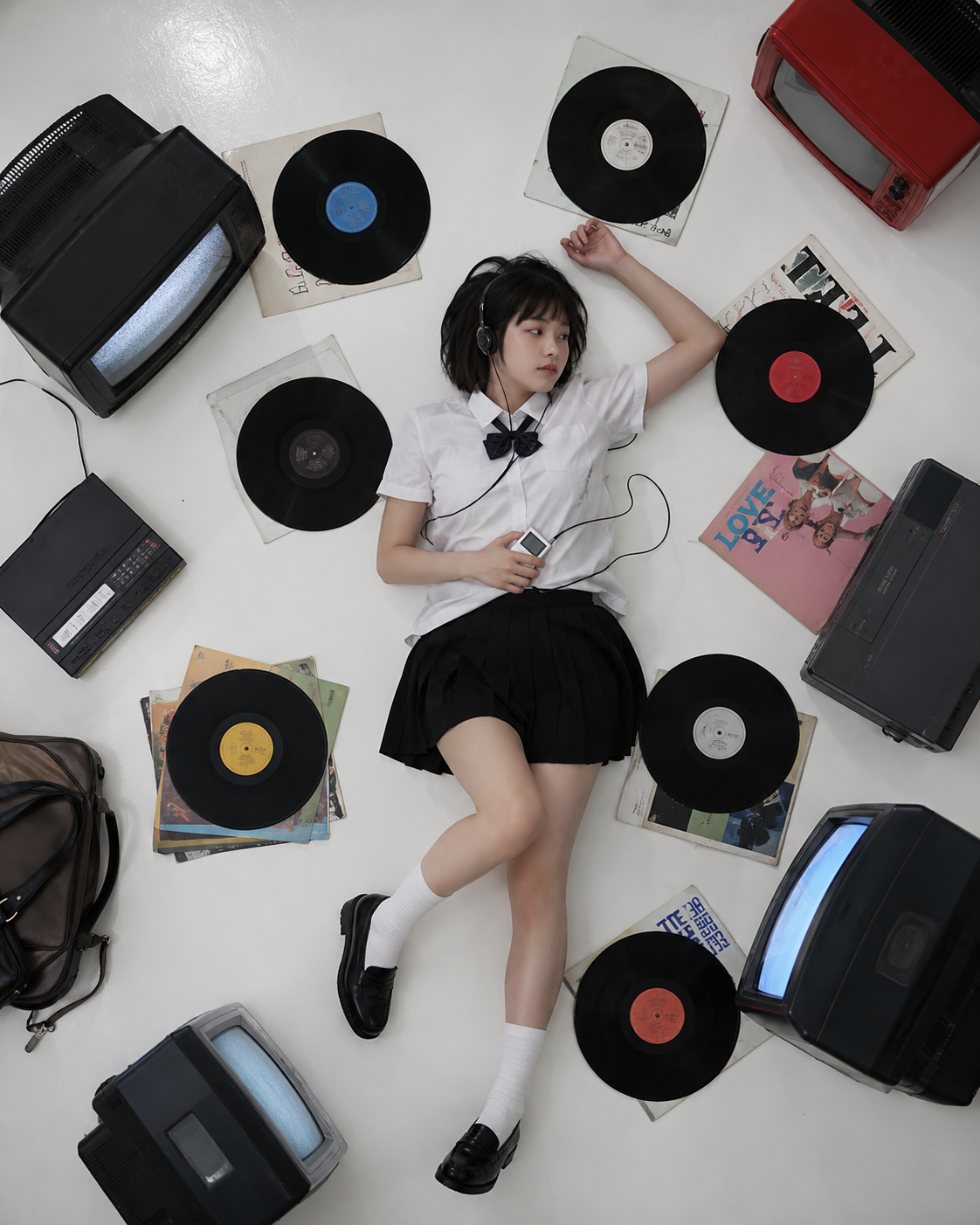 A top-down perspective of a short-haired Japanese high school girl lying on a wh