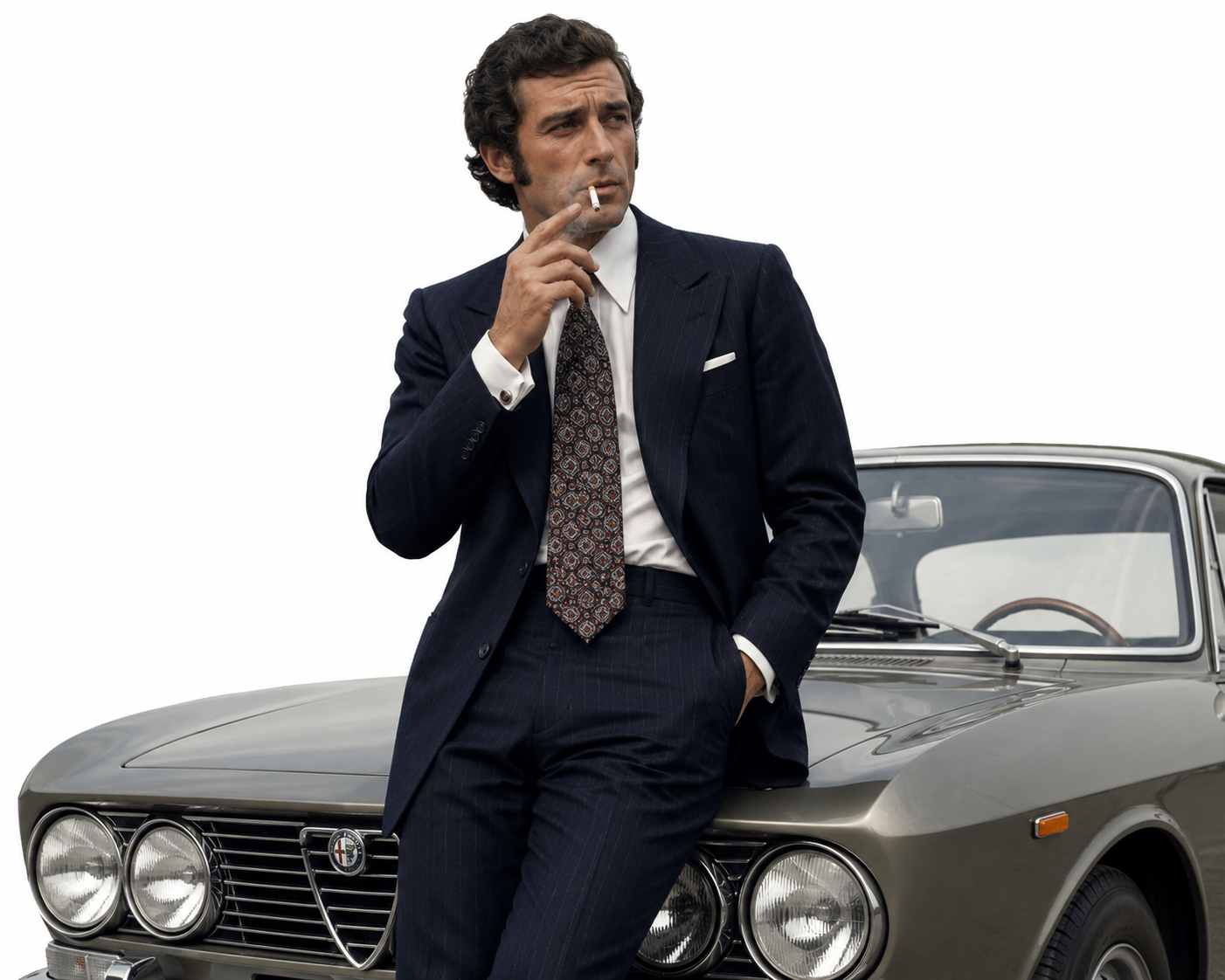 a man in an elegant business suit in 1972 Italy smoking while leaning against a 