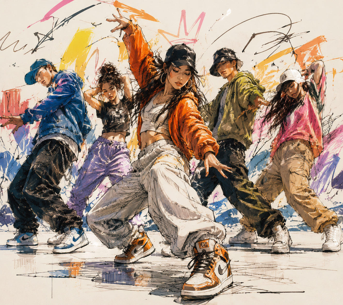 A vibrant, stylized sketch of a group of young people dancing in modern streetwe