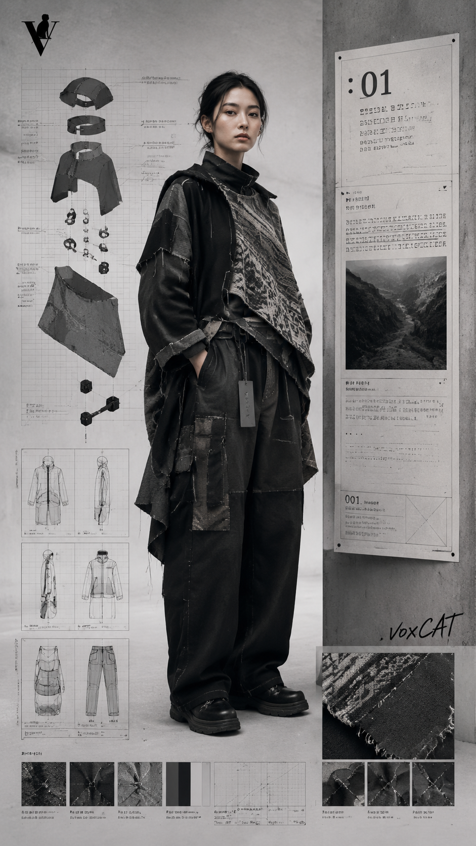 原创成年东亚女性独立设计师模特,穿中国新锐设计师品牌 Lookbook 风格服装:低饱和城市空间、实验剪裁、层叠面料、宽松廓形和成衣目录般的服装可读性。人物旁边