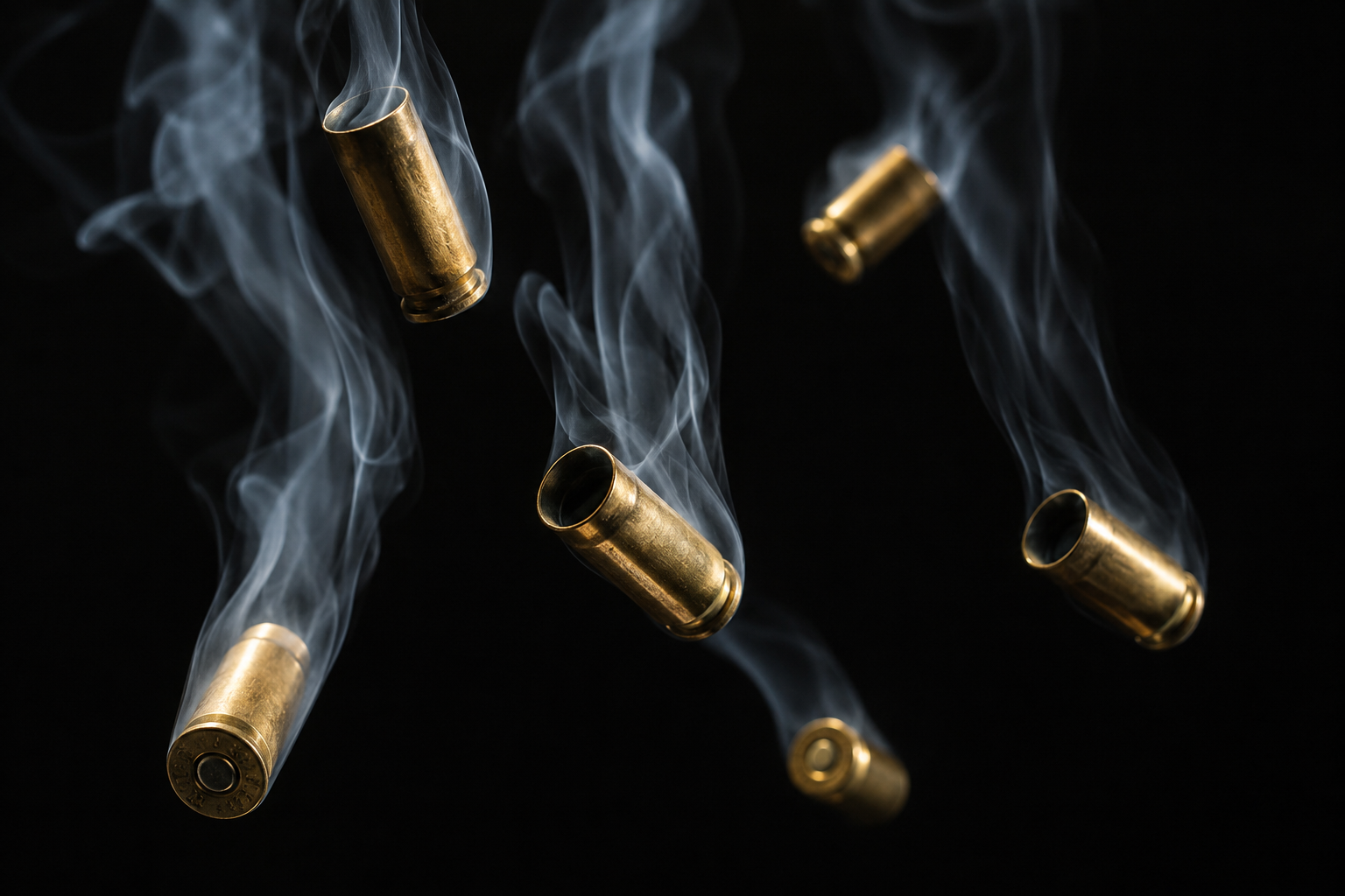 9mm bullet shells free falling with streams of smoke, high contrast studio light
