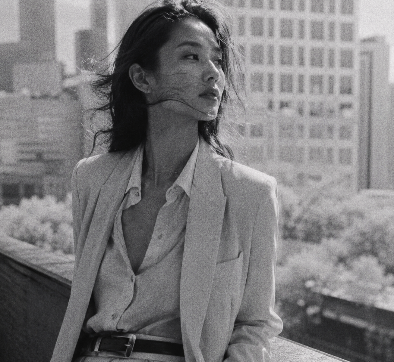 poetic half body shot, an east asian supermodel, summer office attire, YSL style