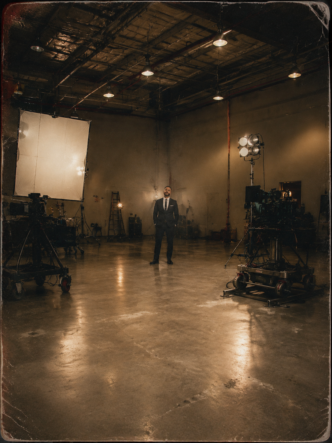 Extreme wide shot, the man is positioned far back in the background, in the midd